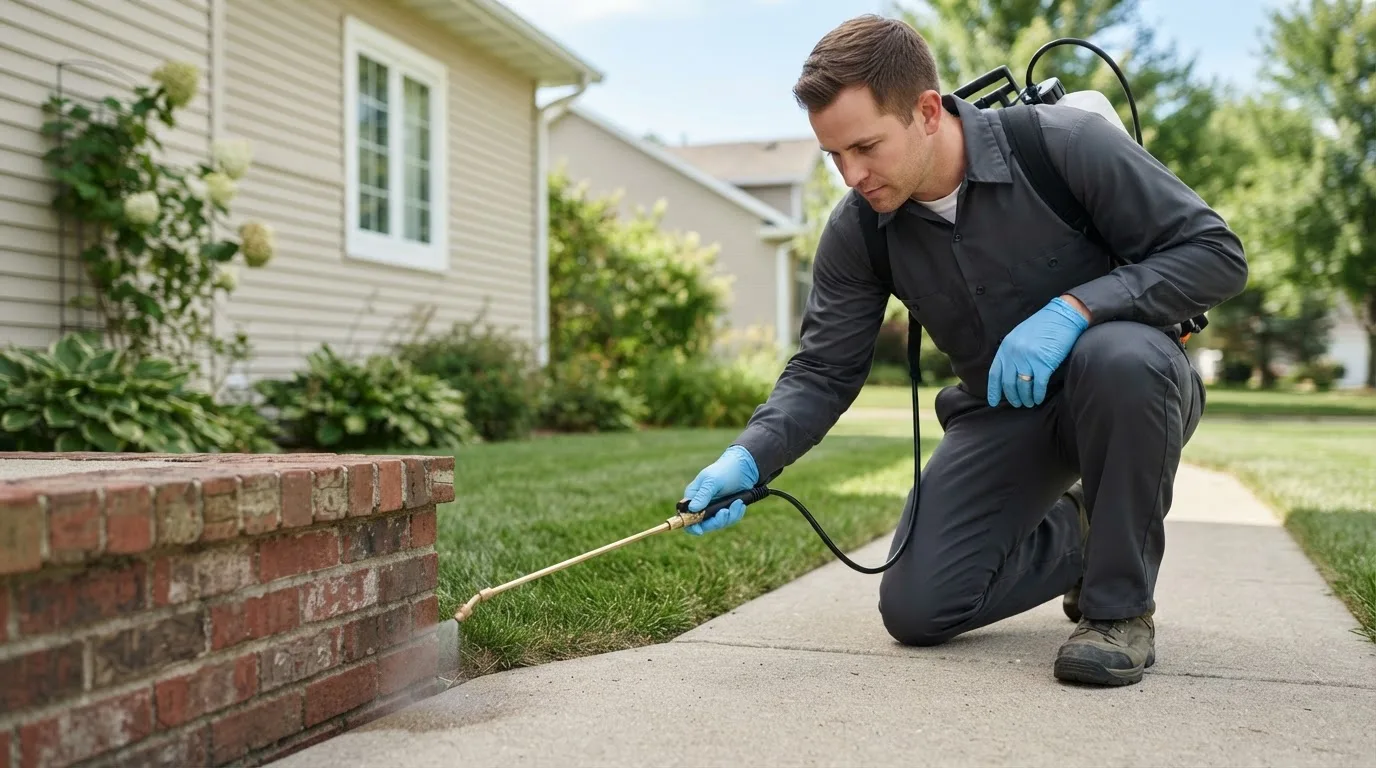 Pest control technician treating a home near Peterson, IA