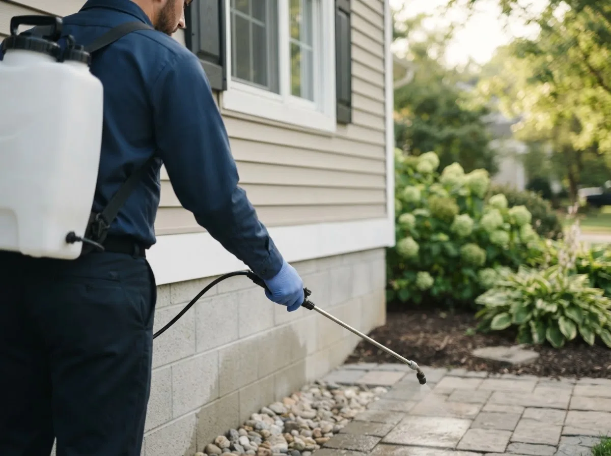 Pest control technician inspecting a home in Peterson, IA